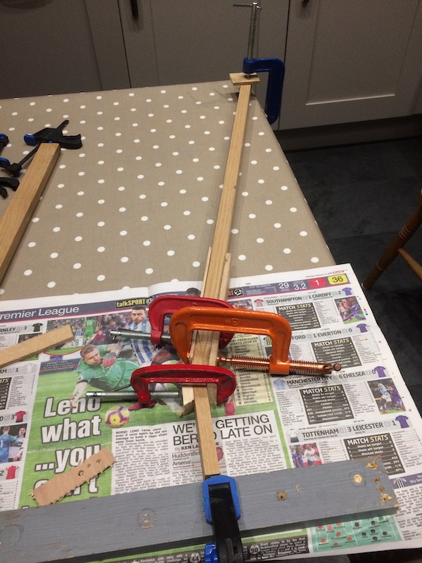 Gluing the scarf joint. I find this one of the hardest parts of the process as the timber never wants to lay flat.